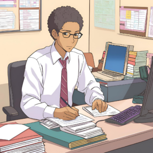 Computer generated anime of man sitting at her desk doing work