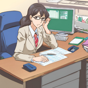 Computer generated anime of woman sitting at her desk