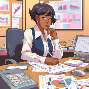 Computer generated anime of woman sitting at her desk doing work