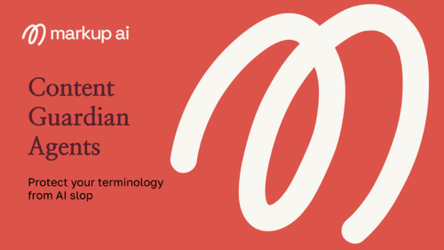 Title slide of markup AI webinar with orange background and large white script logo of letter "m"