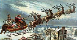 vintage style drawing of Santa Claus riding his sleigh 